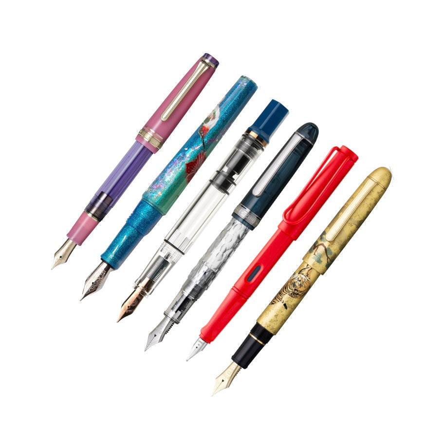 Collection of six fountain pens in assorted colours and materials arranged diagonally, showcasing style options