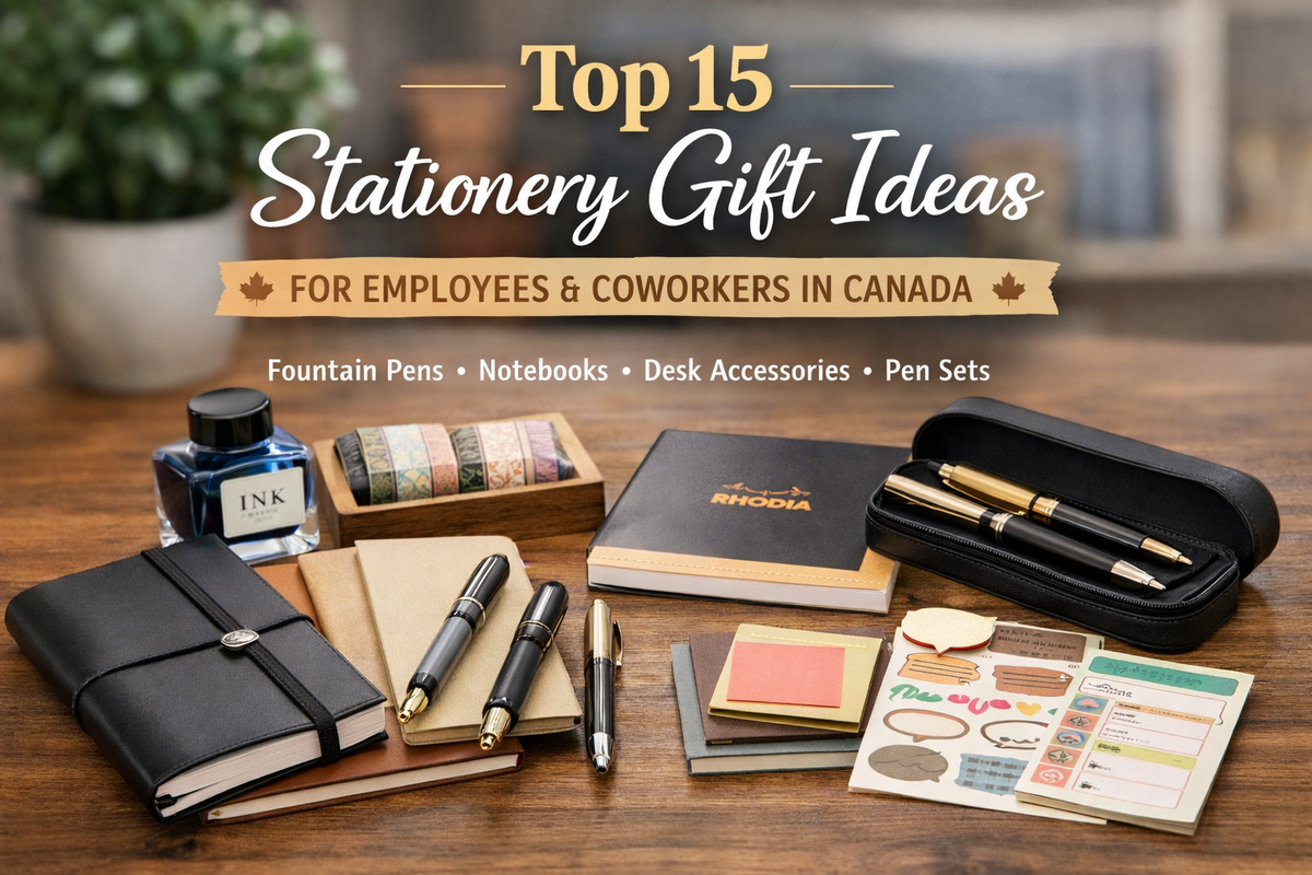 Top stationery gift ideas featuring pens, notebooks, ink, and desk accessories for employees and coworkers in Canada
