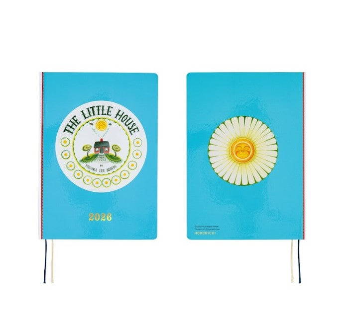 Blue Hobonichi Canada 2026 Techo cover showing The Little House artwork on the front and a daisy sun motif on the back.