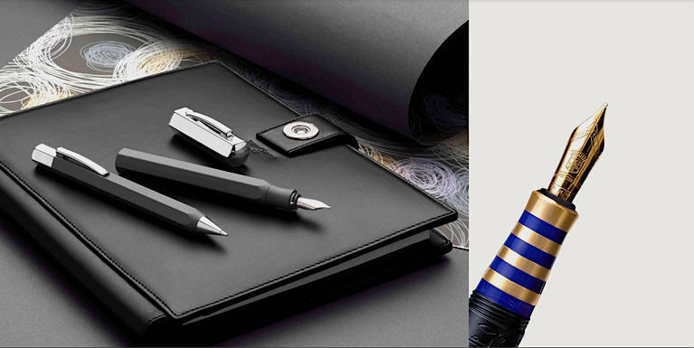 Luxury fountain pen resting on a notebook with writing tools, highlighting nib design and smooth ink flow during writing