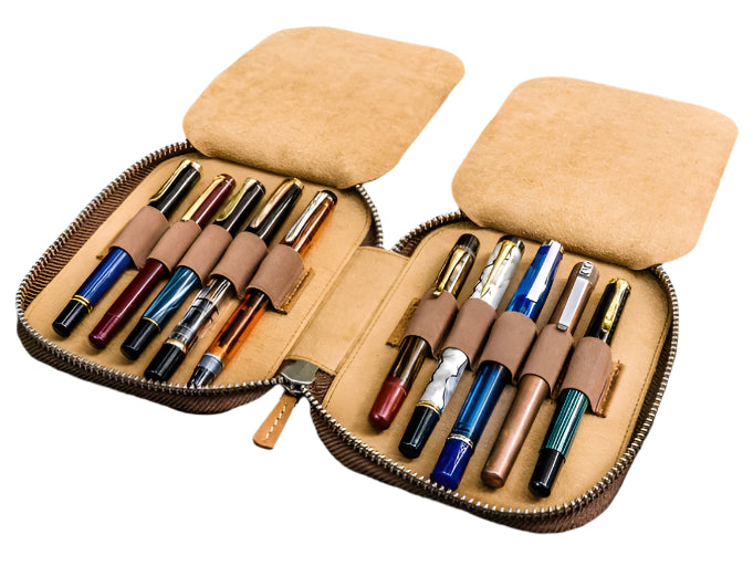 Galen Leather - Leather Zippered 10 Slot Pen Case - Crazy Horse Brown - Blesket Canada