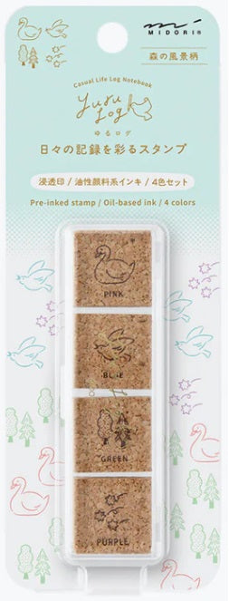 Midori Yuru Log Paintable Pre-Inked Stamp - Forest Scenery (4 Colors) - Blesket Canada