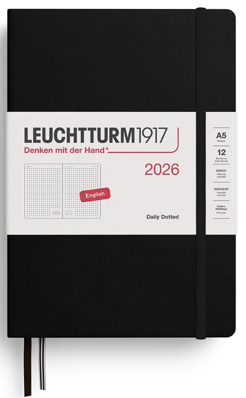 LEUCHTTURM1917 Daily Planner 2026 Dotted Medium (A5) English - Black - Blesket Canada