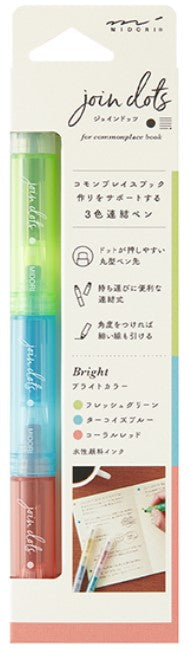 Midori Join Dots Bright Pen (3-Color Dot Marker) - Fresh Green / Turquoise Blue / Coral Red - Blesket Canada