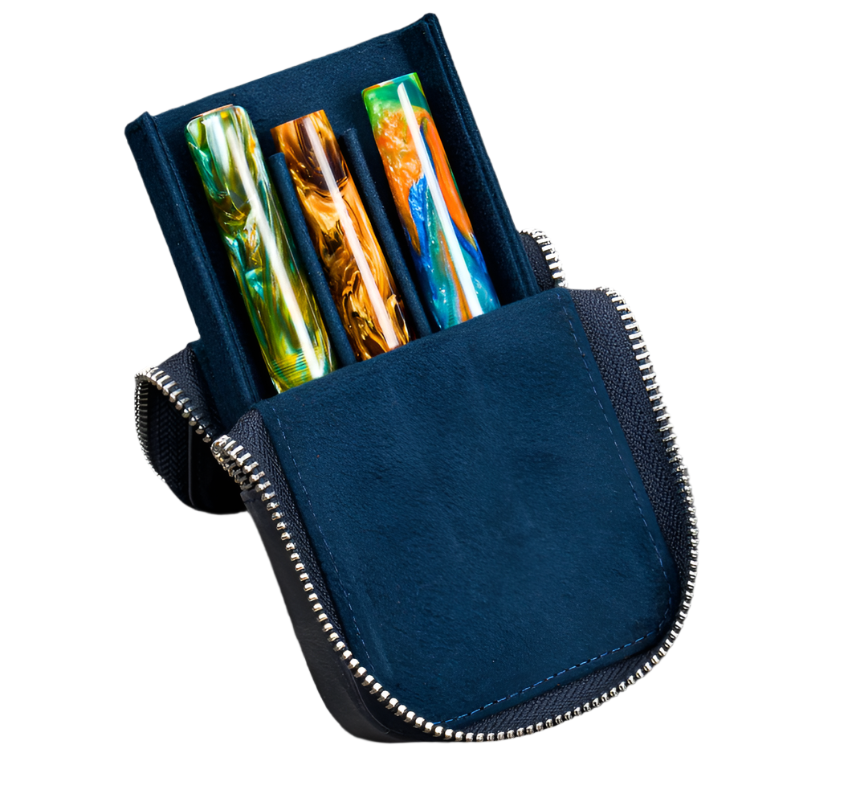Galen Leather Zippered Magnum Opus 3 Slot Hard Pen Case/Removable Pen Tray – Crazy Horse Navy Blue - Blesket Canada