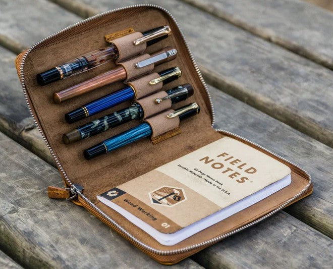 Galen Leather - Leather Zippered 5 Slot Pen Case - Crazy Horse Brown - Blesket Canada