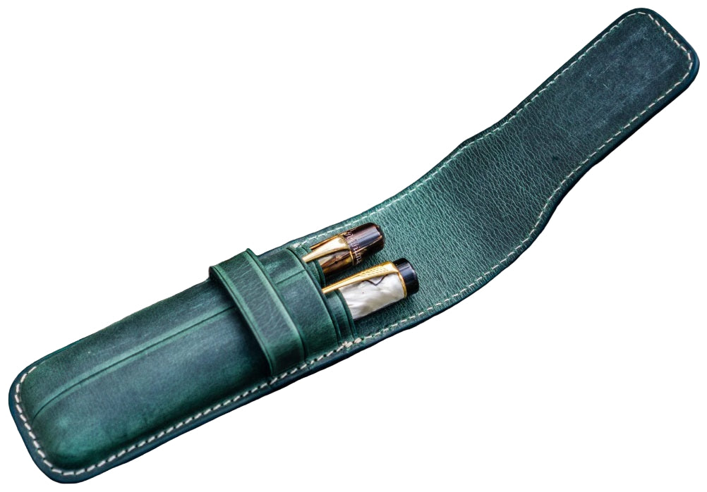 Galen Leather Flap Pen Case for Two Pens - Crazy Horse Forest Green - Blesket Canada