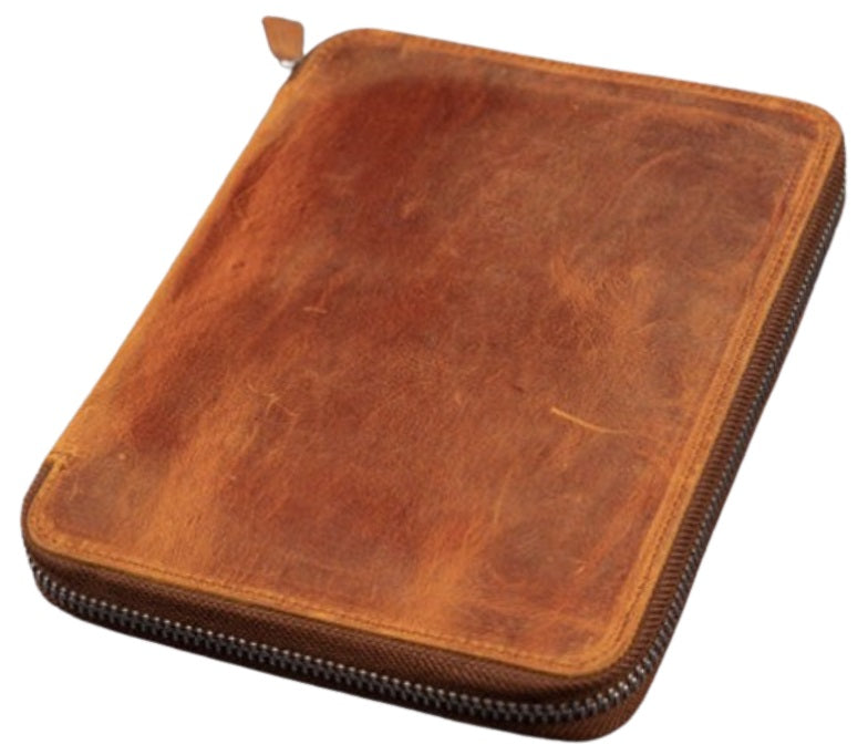 Galen Leather - leather Zippered 10 Slot Pen Case with A5 Notebook Holder - Crazy Horse Brown - Blesket Canada
