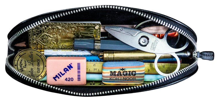 Galen Leather XLarge Zipper Leather Pencil Case - Black - Blesket Canada