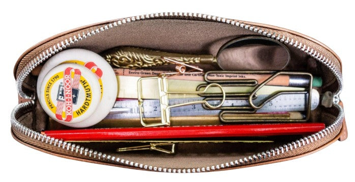 Galen Leather XLarge Zipper Leather Pencil Case - Brown - Blesket Canada