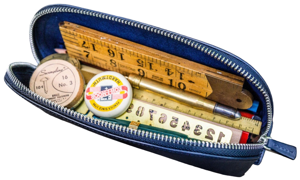Galen Leather XLarge Zipper Leather Pencil Case - Navy Blue - Blesket Canada