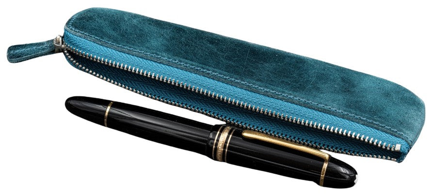 Galen Leather - Leather Zippered Single Fountain Pen Pouch - C. H. Ocean Blue - Blesket Canada