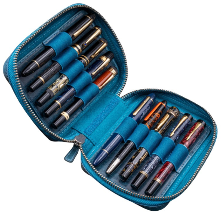 Galen Leather Expansi-Pouch Leather Wide 10 Slots Pen Case - A6 Zip Folio - Crazy Horse Ocean Blue - Blesket Canada
