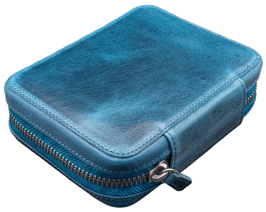 Galen Leather Expansi-Pouch Leather Wide 10 Slots Pen Case - A6 Zip Folio - Crazy Horse Ocean Blue - Blesket Canada