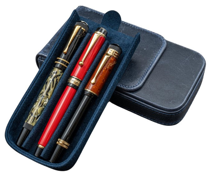 Galen Leather Magnum Opus 3 Slots Hard Pen Case with Removable Pen Tray - Crazy Horse Navy Blue - Blesket Canada