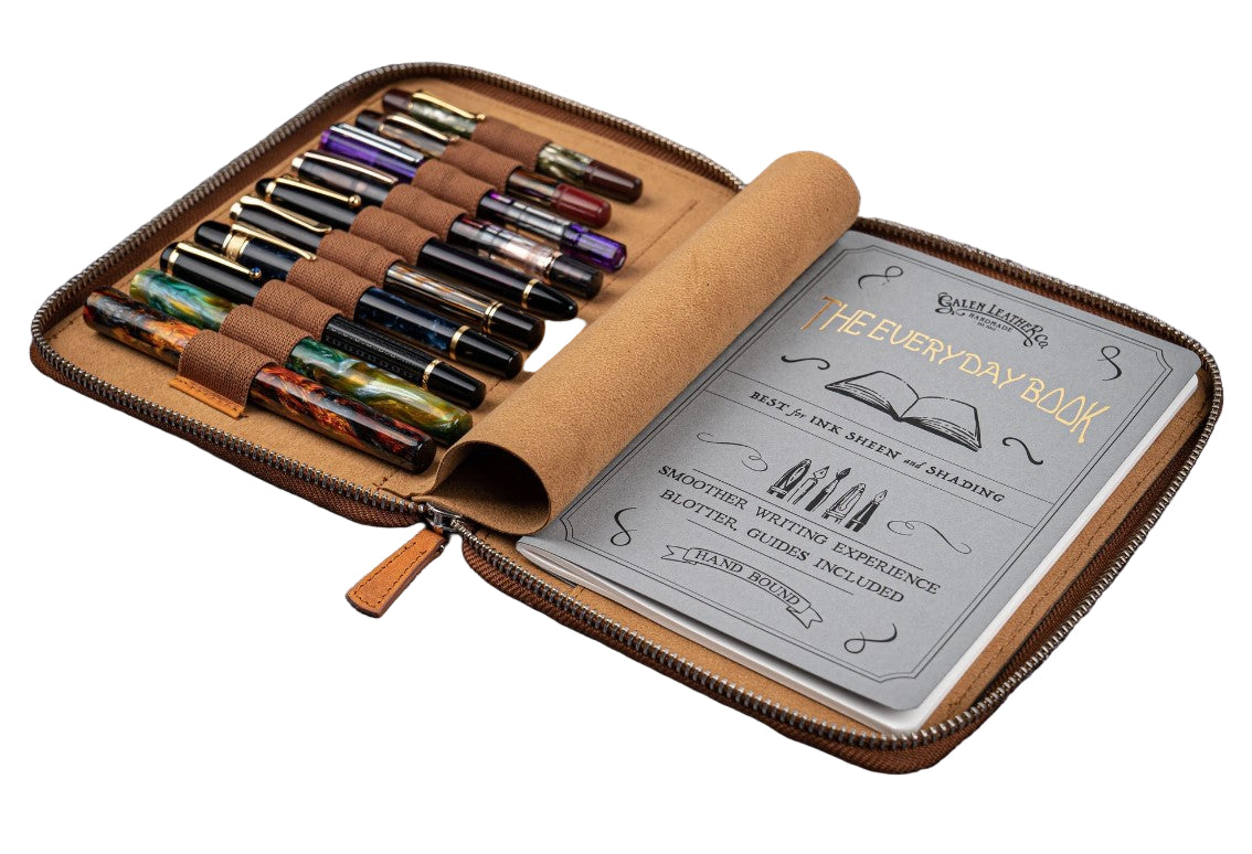 Galen Leather - leather Zippered 10 Slot Pen Case with A5 Notebook Holder - Crazy Horse Brown - Blesket Canada