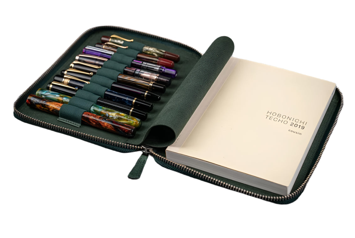 Galen Leather - leather Zippered 10 Slot Pen Case with A5 Notebook Holder - Crazy Horse Forest Green - Blesket Canada