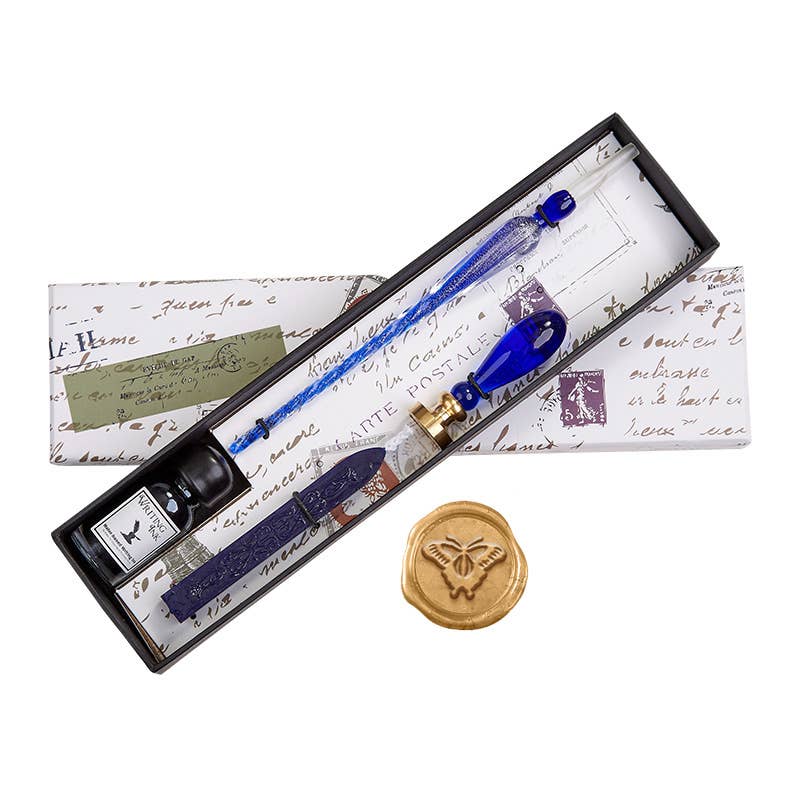 Blue Glass Wax Seal & Calligraphy Pen & Ink Set - Butterfly - Blesket Canada