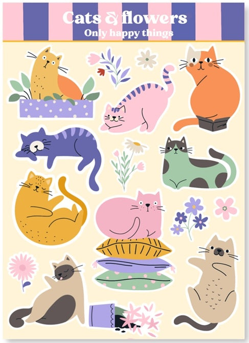 Only Happy Things Stationery Sticker Sheet - Cats & Flowers - Blesket Canada