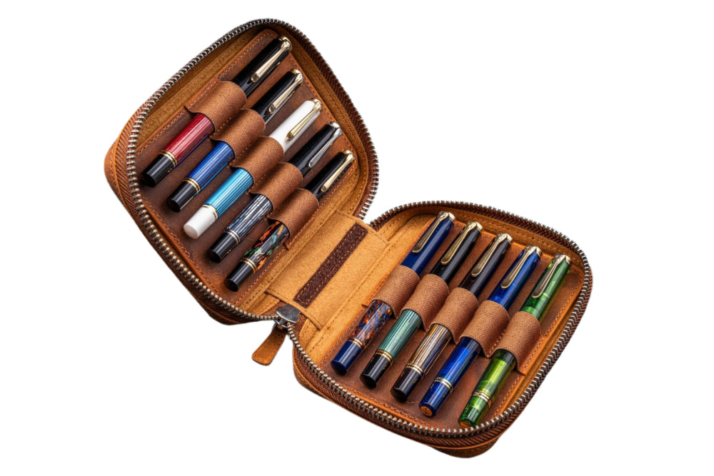 Galen Leather Expansi-Pouch Leather Wide 10 Slots Pen Case - A6 Zip Folio - C.H.Brown - Blesket Canada