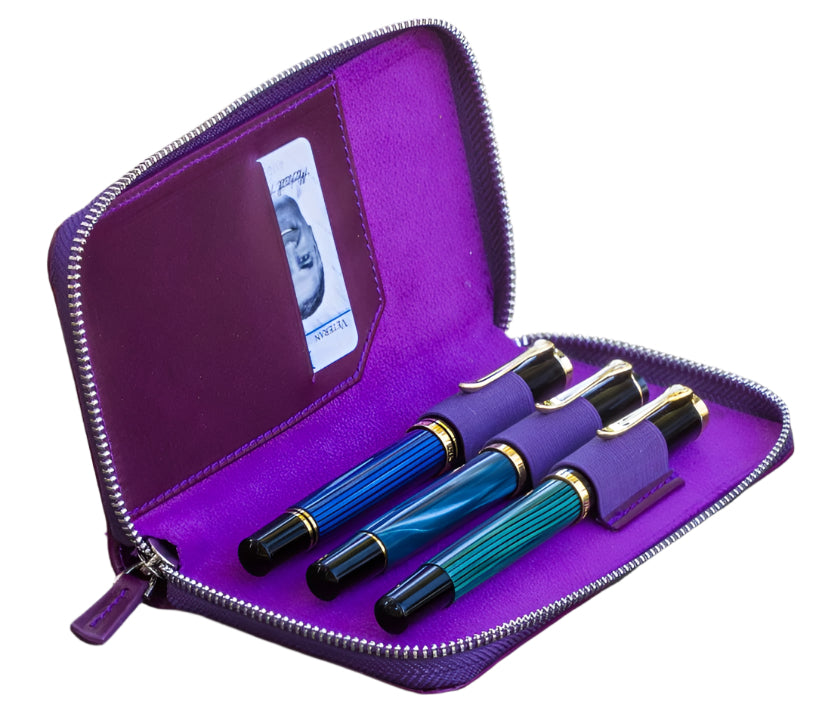 Galen Leather - Leather Zippered 3 Slot Pen Case - Purple