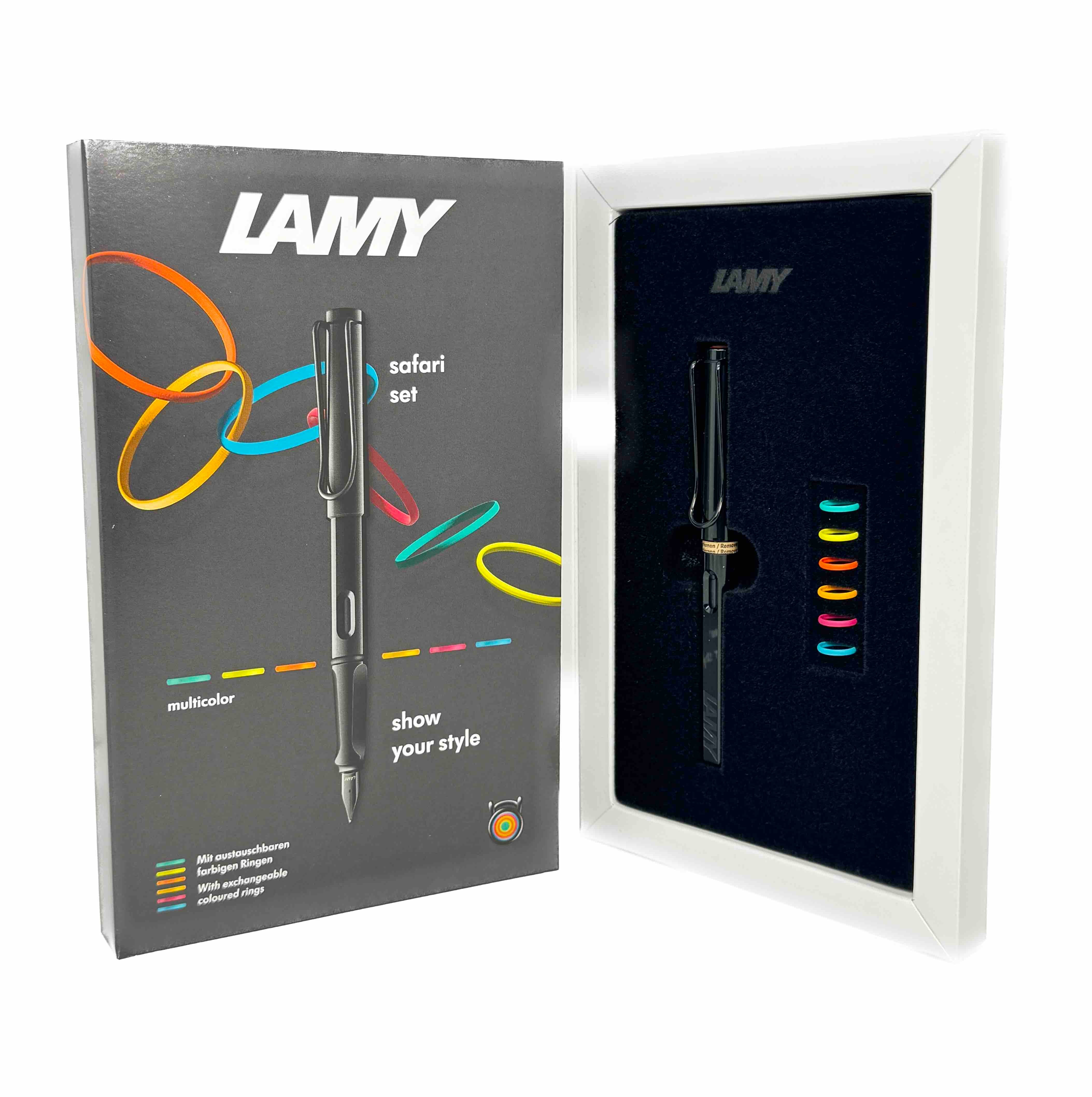 Lamy Safari All Black Glossy Fountain Pen with Six Multicolor Rings - Blesket Canada
