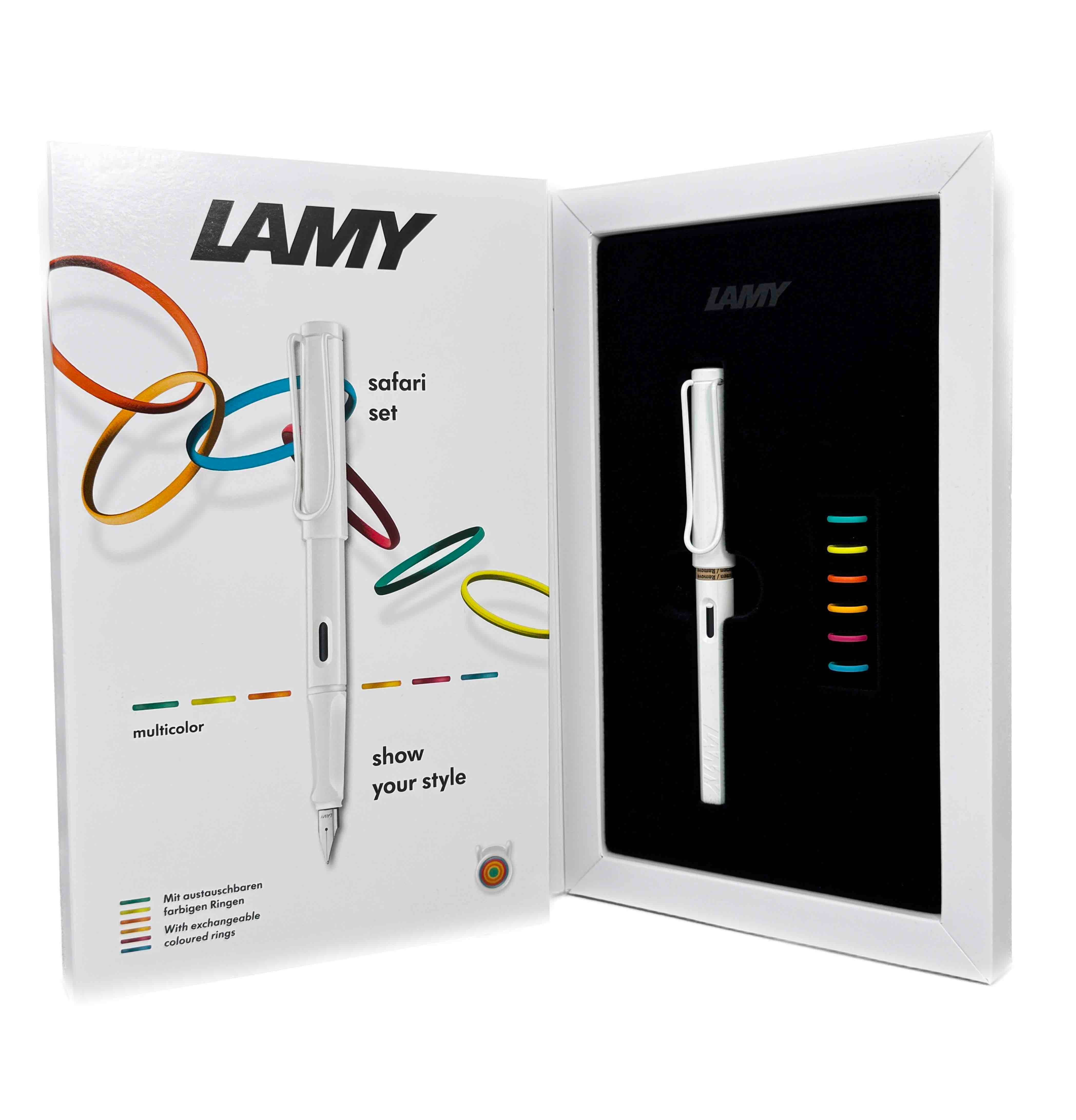 Lamy Safari All White Glossy Fountain Pen with Six Multicolor Rings - Blesket Canada