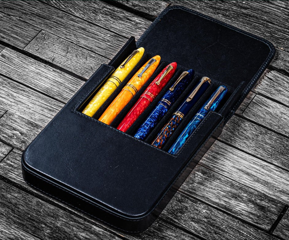 Galen Leather - Leather Magnum Opus 6 Slots Hard Pen Case with Removable Pen Tray - Black - Blesket Canada