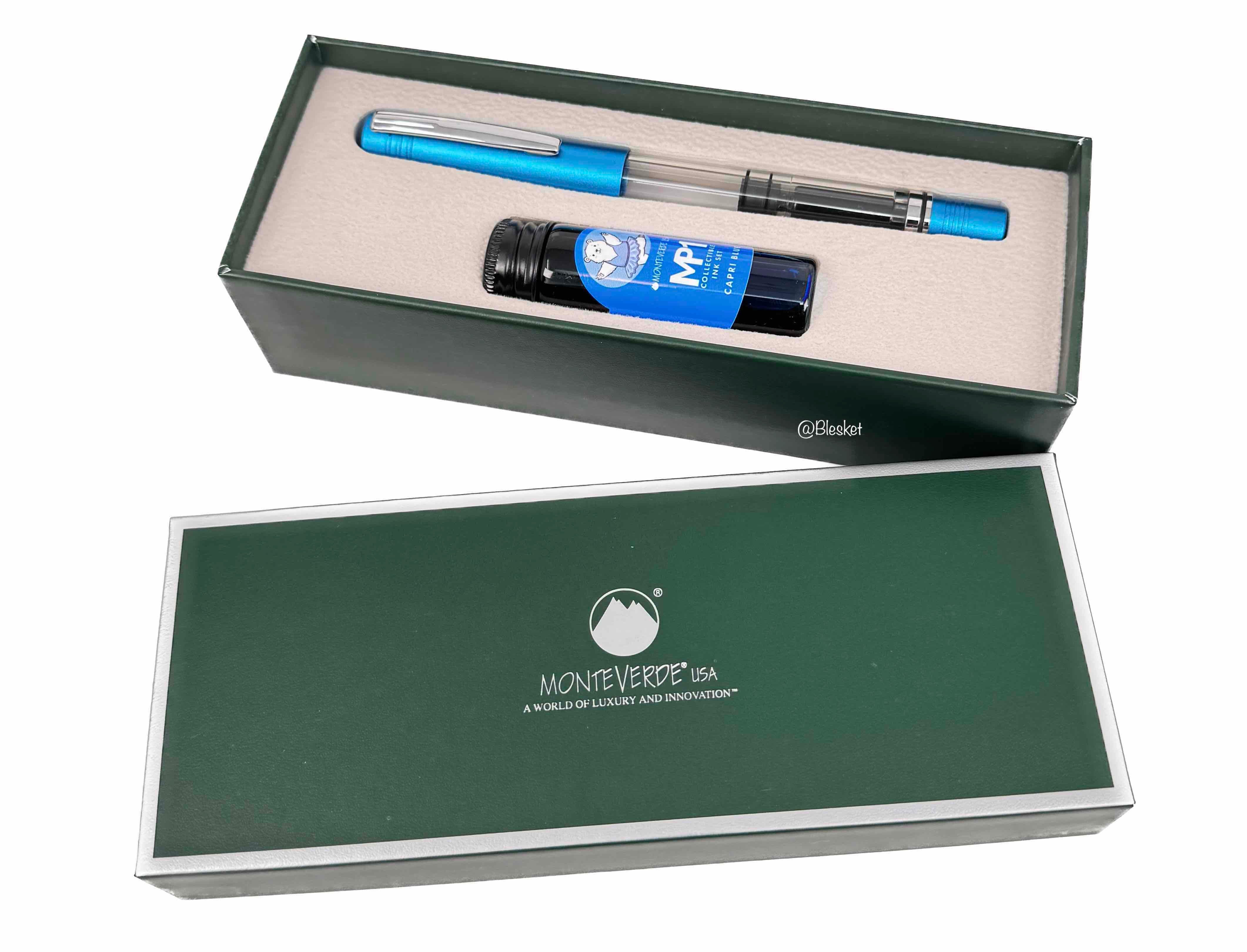Monteverde USA MP1 Piston Bright Blue Fountain Pen + 15 ml Ink Bottle Set - Blesket Canada