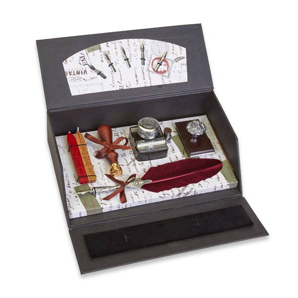 Freund Mayer & Co. Ultimate Desk Writing Set with Quill Pen & Accessories – Burgundy Pen with Tudor Rose Stamp - Blesket Canada