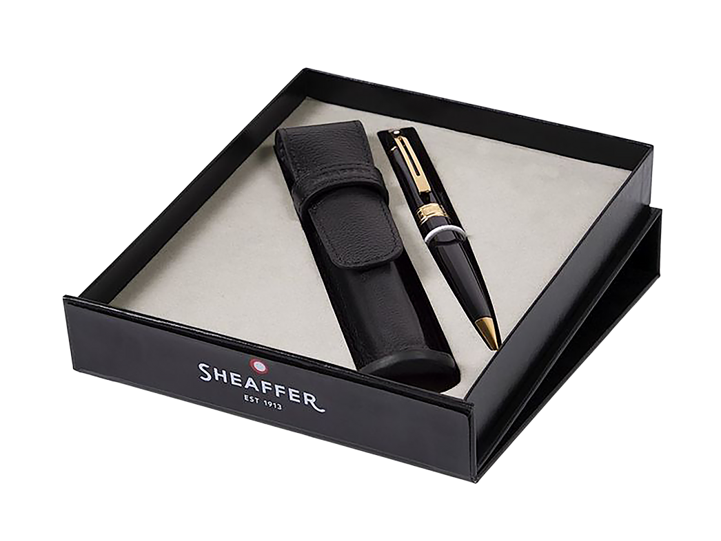 Sheaffer Gift Set with 300 Glossy Black and Gold Ballpoint Pen with Black Leather Pen Case - Blesket Canada