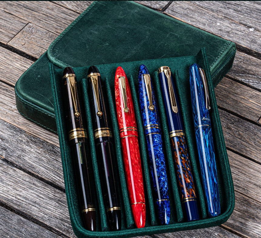 Galen Leather - Leather Magnum Opus 6 Slots Hard Pen Case with Removable Pen Tray - Crazy Horse Forest Green - Blesket Canada