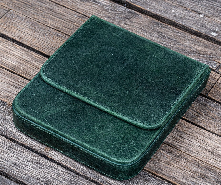 Galen Leather - Leather Magnum Opus 6 Slots Hard Pen Case with Removable Pen Tray - Crazy Horse Forest Green - Blesket Canada