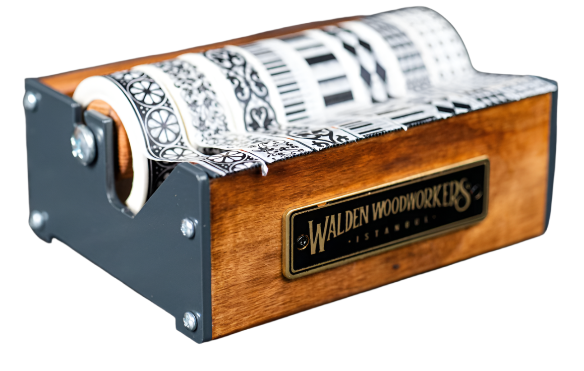 Assorted washi tapes displayed on a wooden tape cutter, commonly used for crafting and journaling in Canada