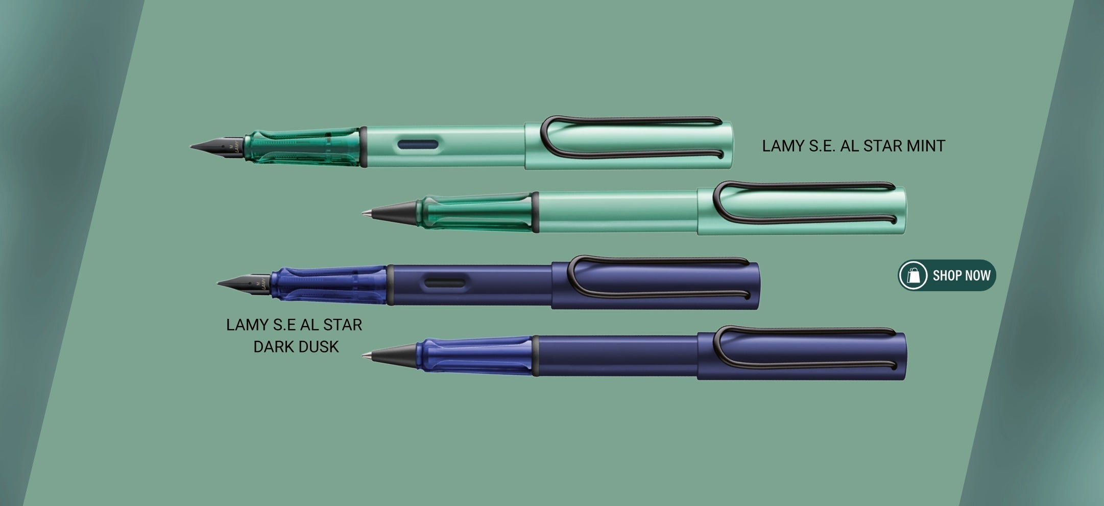 Two Lamy Al-Star fountain pens in Mint and Dark Dusky colors from Blesket Canada, premium Lamy pens for modern writers