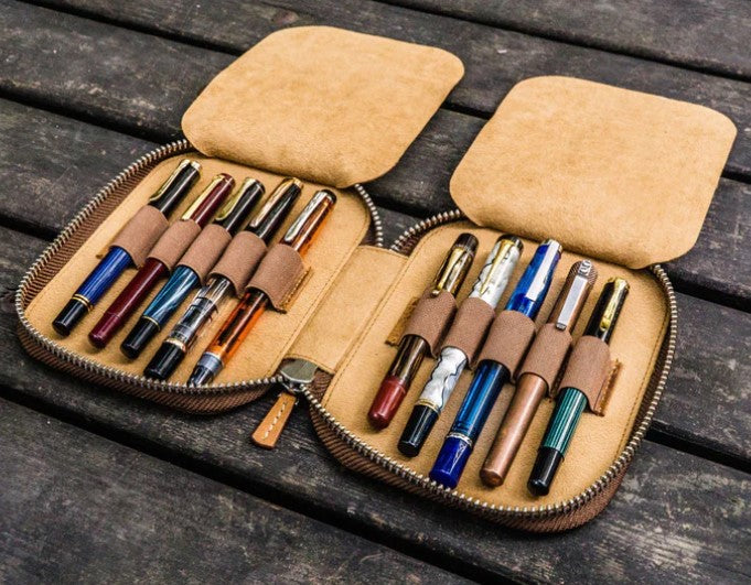 Galen Leather - Leather Zippered 10 Slot Pen Case - Crazy Horse Brown - Blesket Canada