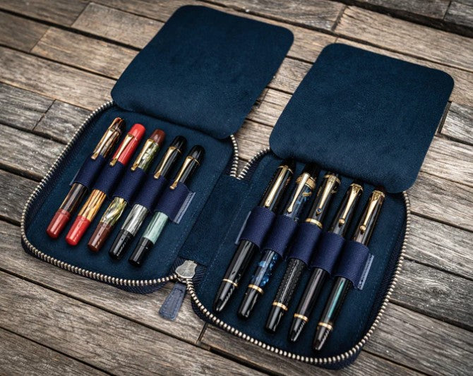 Galen Leather - Leather Zippered 10 Slot Pen Case - Crazy Horse Navy Blue - Blesket Canada