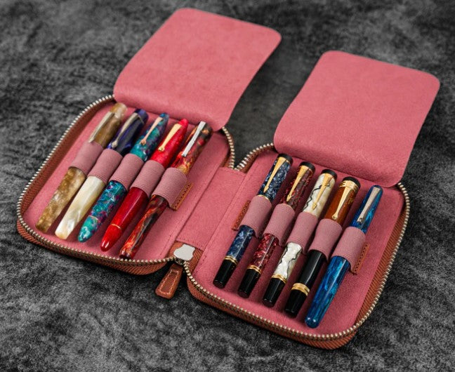Galen Leather - Leather Zippered 10 Slot Pen Case - Crazy Horse Orange - Blesket Canada