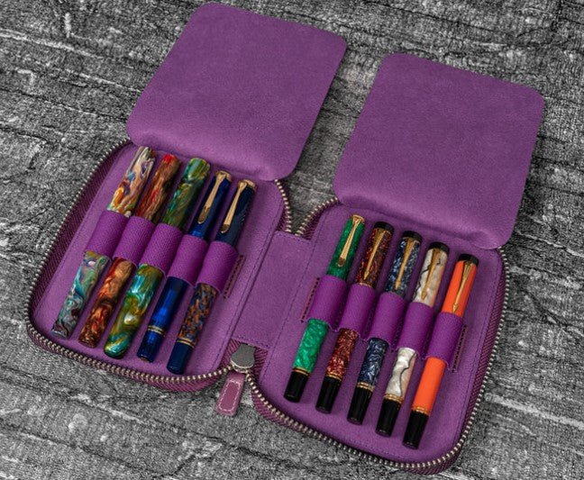 Galen Leather - Leather Zippered 10 Slot Pen Case - Purple - Blesket Canada