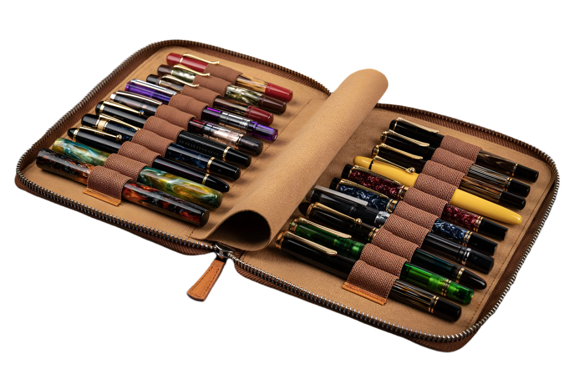 Galen Leather - Leather Zippered 20 Slot Pen Case - Crazy Horse Brown - Blesket Canada