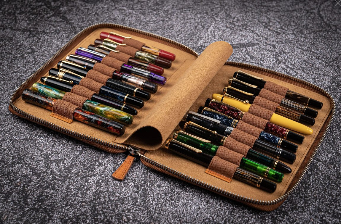 Galen Leather - Leather Zippered 20 Slot Pen Case - Crazy Horse Brown - Blesket Canada