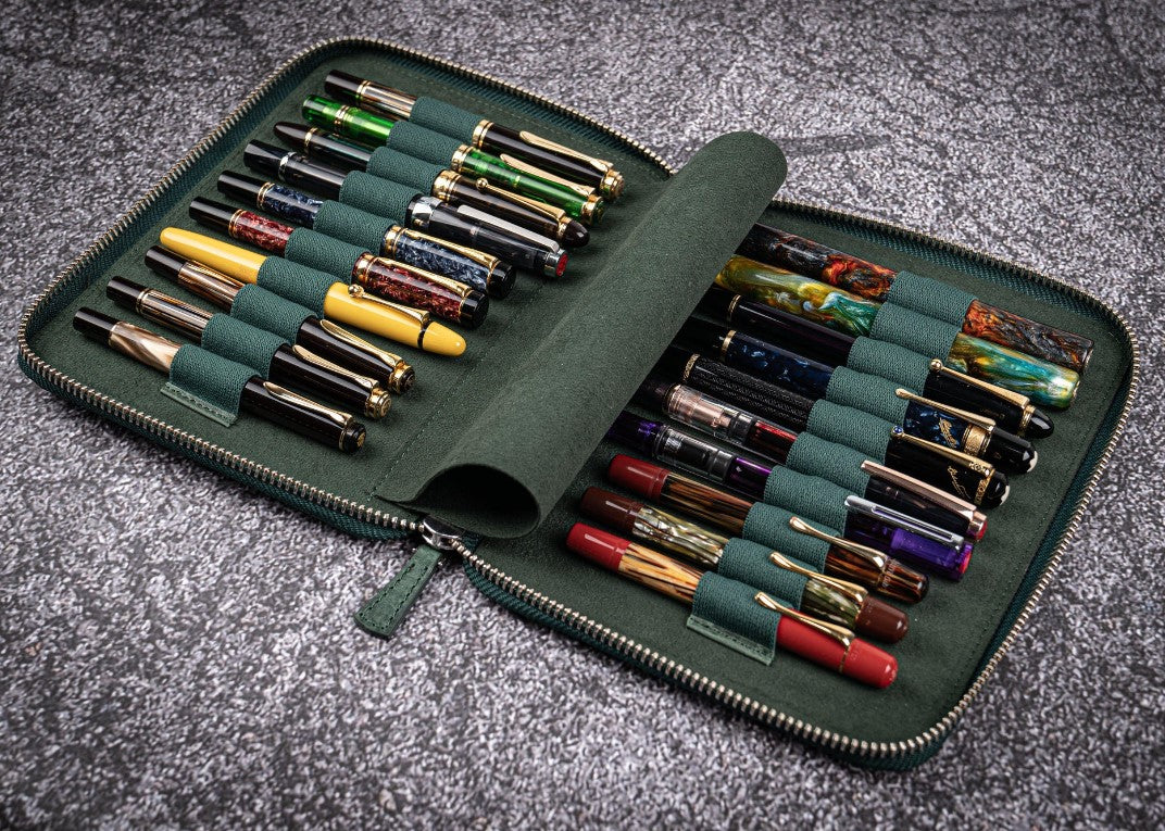 Galen Leather - Leather Zippered 20 Slot Pen Case - Crazy Horse Forest Green - Blesket Canada