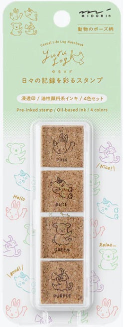 Midori Yuru Log Paintable Pre-Inked Stamp - Animal Poses (4 Colors) - Blesket Canada