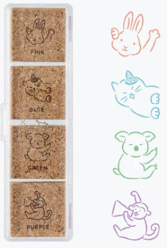Midori Yuru Log Paintable Pre-Inked Stamp - Animal Poses (4 Colors) - Blesket Canada