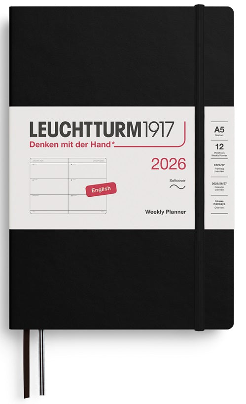 LEUCHTTURM1917 Softcover Weekly Planner 2026 Medium (A5) English - Black - Blesket Canada