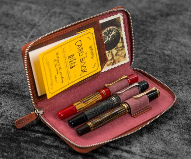 Galen Leather - Leather Zippered 3 Slot Pen Case - Crazy Horse Orange - Blesket Canada
