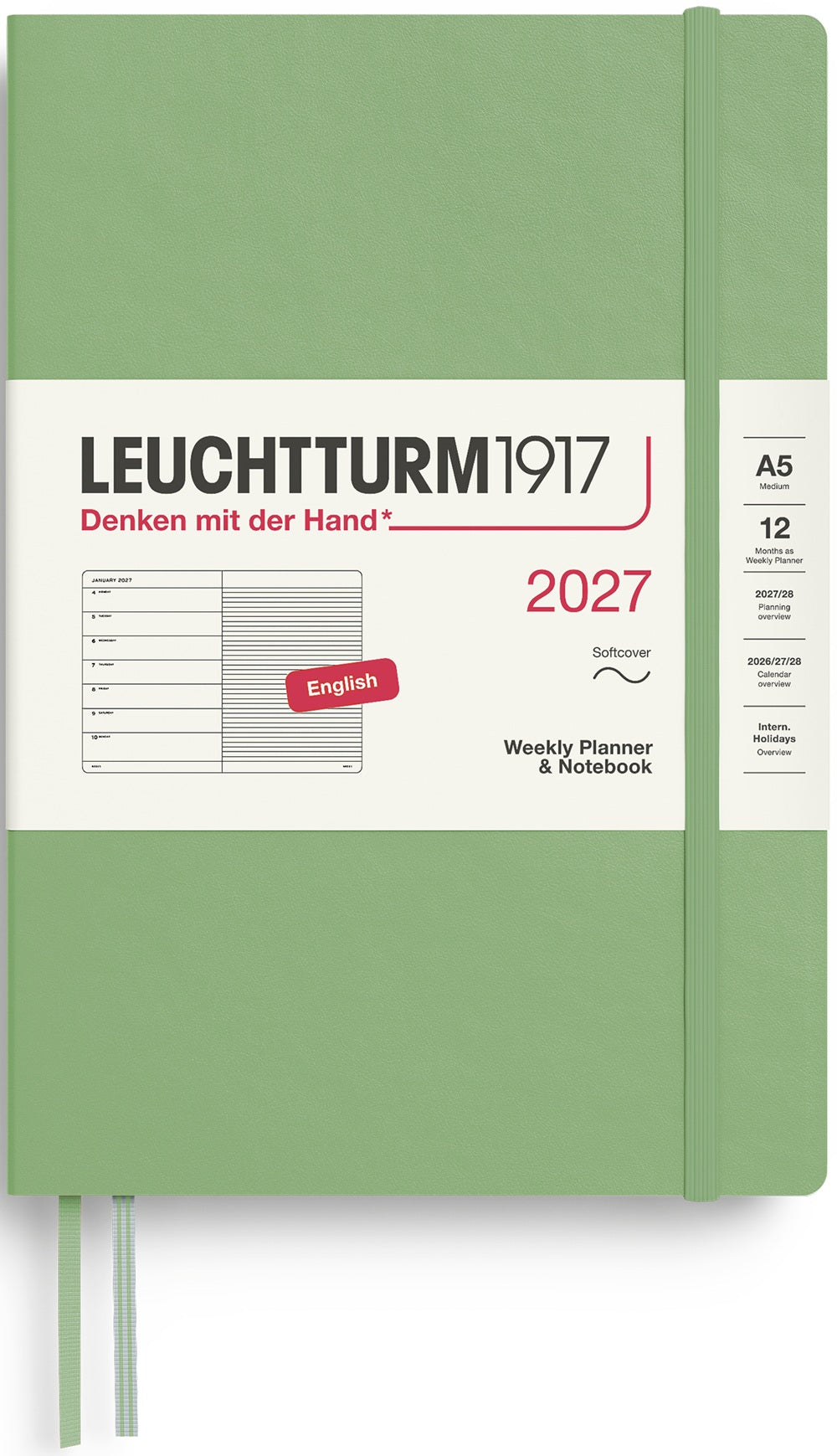LEUCHTTURM1917 Weekly Planner & Notebook 2027 Medium (A5) English Ruled - Sage (Softcover) - Blesket Canada