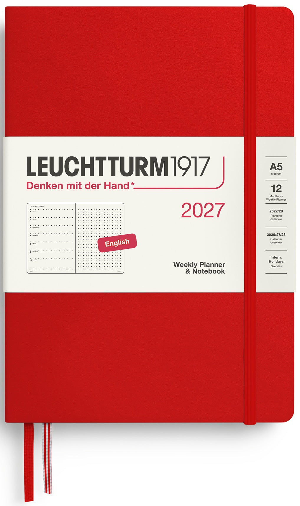 LEUCHTTURM1917 Weekly Planner & Notebook 2027 Medium (A5) English Dotted - Cherry - Blesket Canada