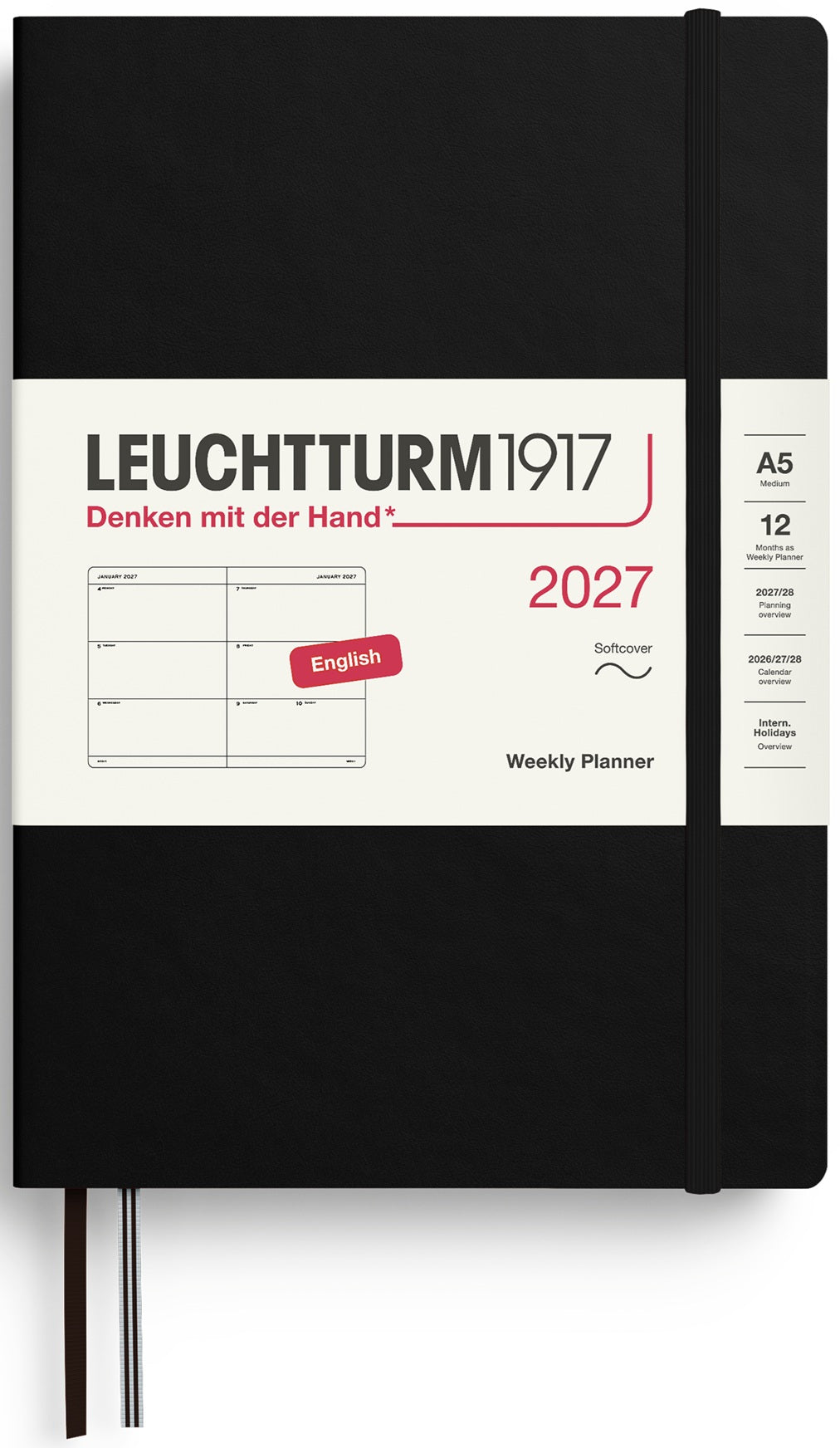 LEUCHTTURM1917 Weekly Planner 2027 Medium (A5) English - Black (Softcover) - Blesket Canada