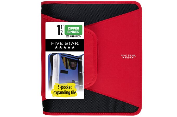 Five Star 1 1/2" Zipper Binder with 500 Sheets Capacity, Red - Blesket Canada